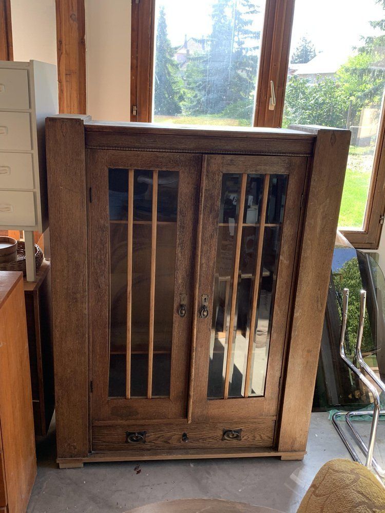 Antique Hungarian Oak Glass And Wood Cabinet