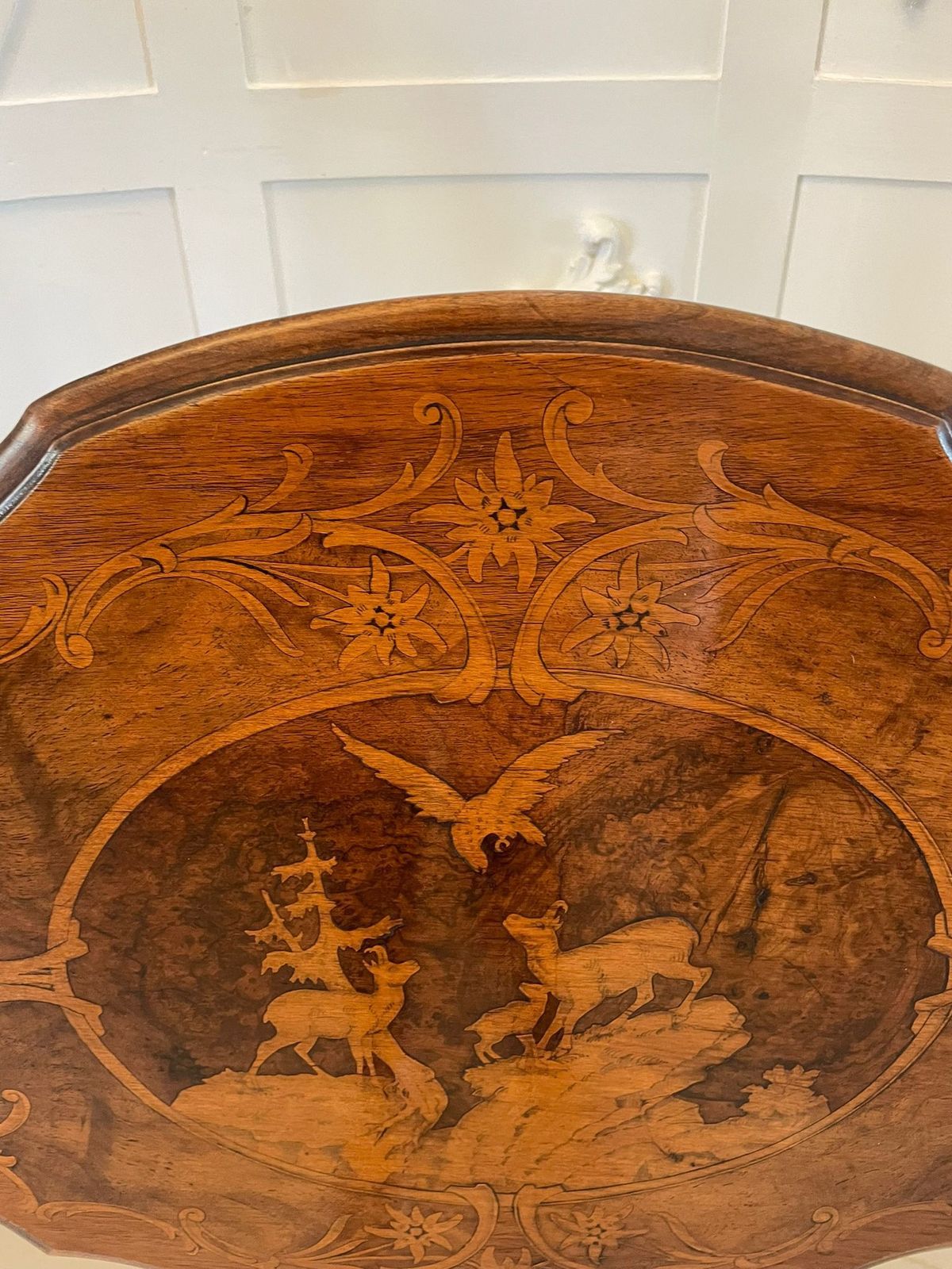 Unusual Antique Quality Marquetry Inlaid Walnut Swiss Black Forest Table photo for sale