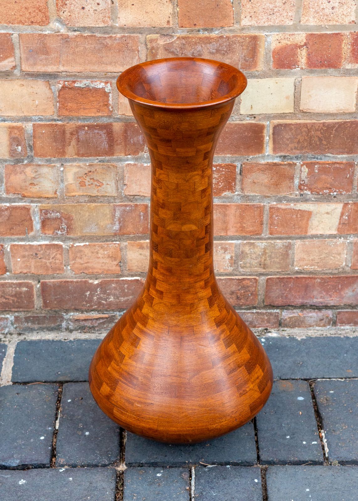 Segmented Wooden Floor Vase Richard Haining Style Stacked Sculptural Organic Artistic Large Floor Teak Statement Mcm Trumpet photo vinterior