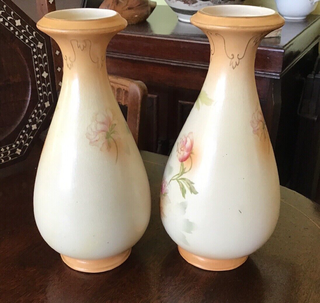 A Pair Of Antique Sanford Ware Hand Painted Blush Ivory Vases photo 50.0