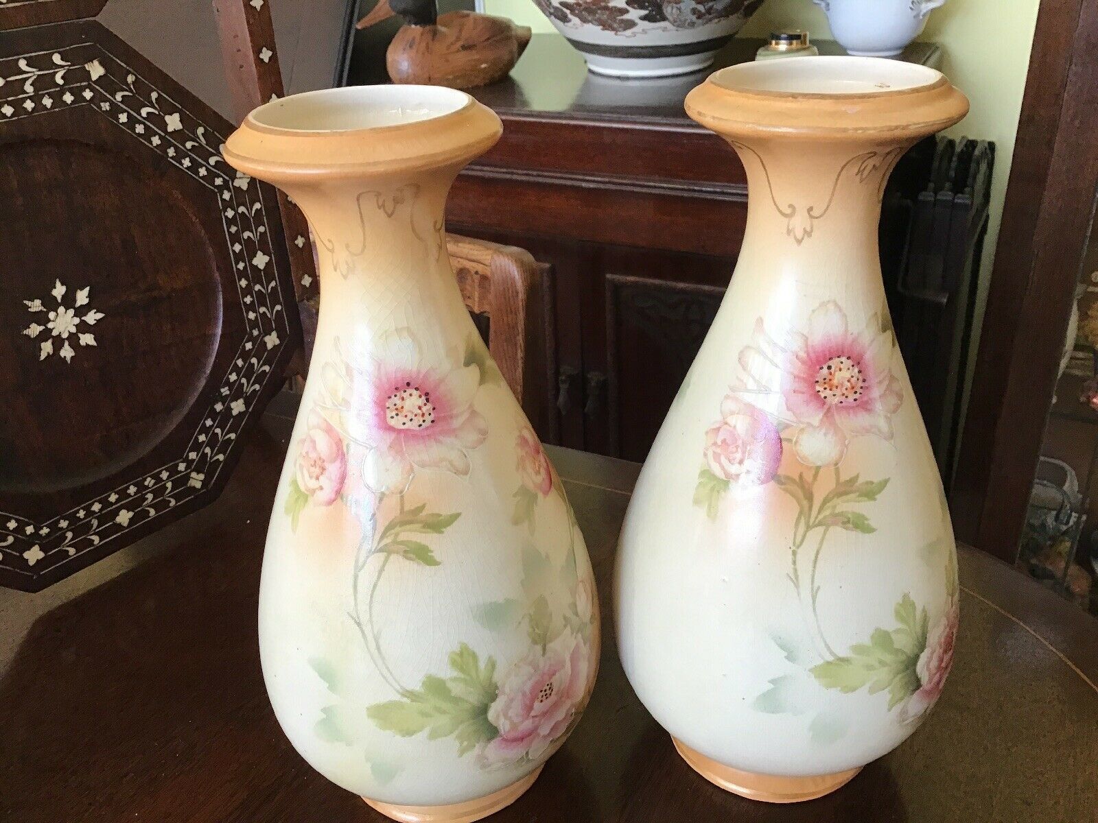 photo furniture A Pair Of Antique Sanford Ware Hand Painted Blush Ivory Vases