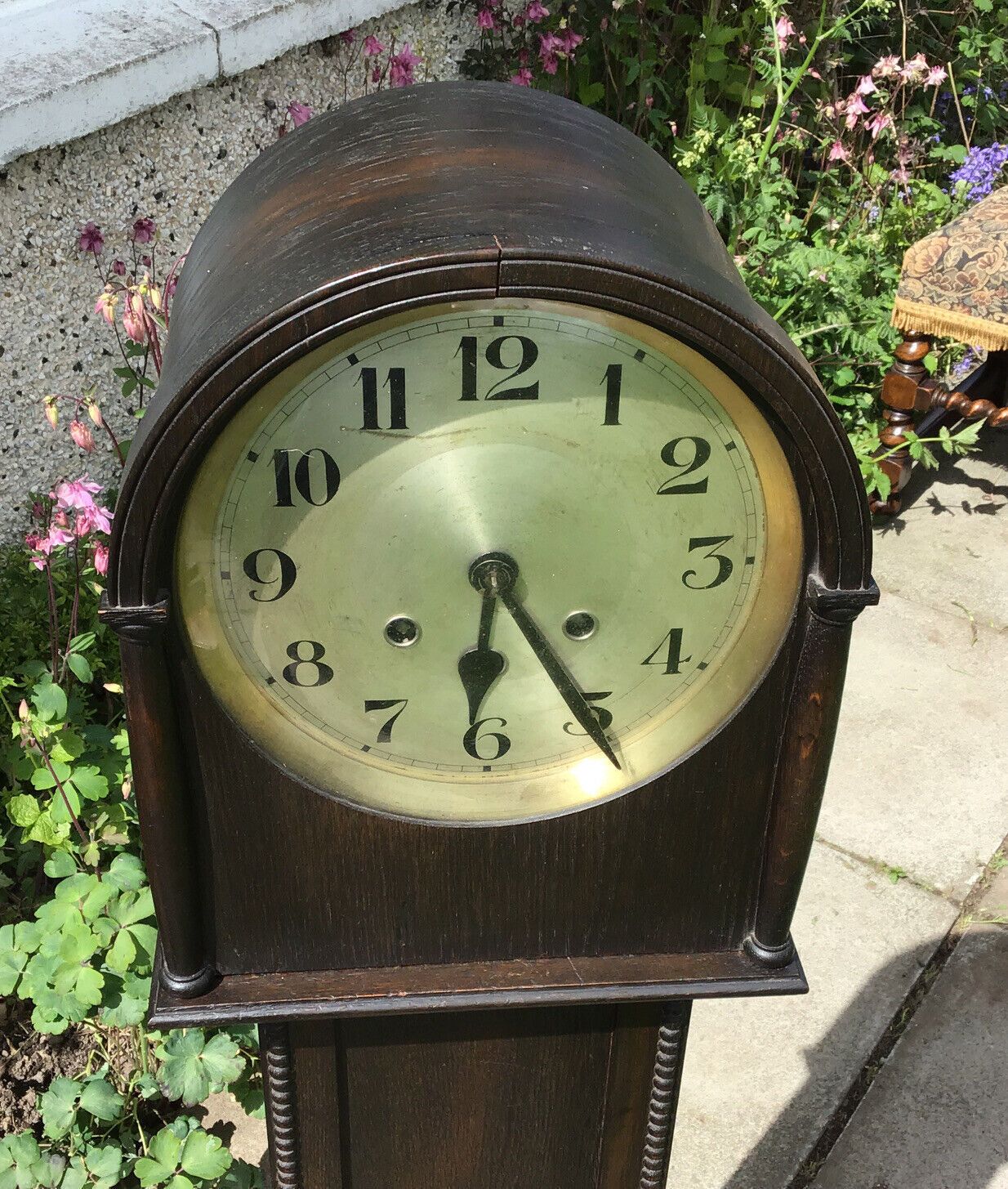 Home Decor Tall Antique Dark Oak Grandmother Clock. Westminster Needs Some Attention photo