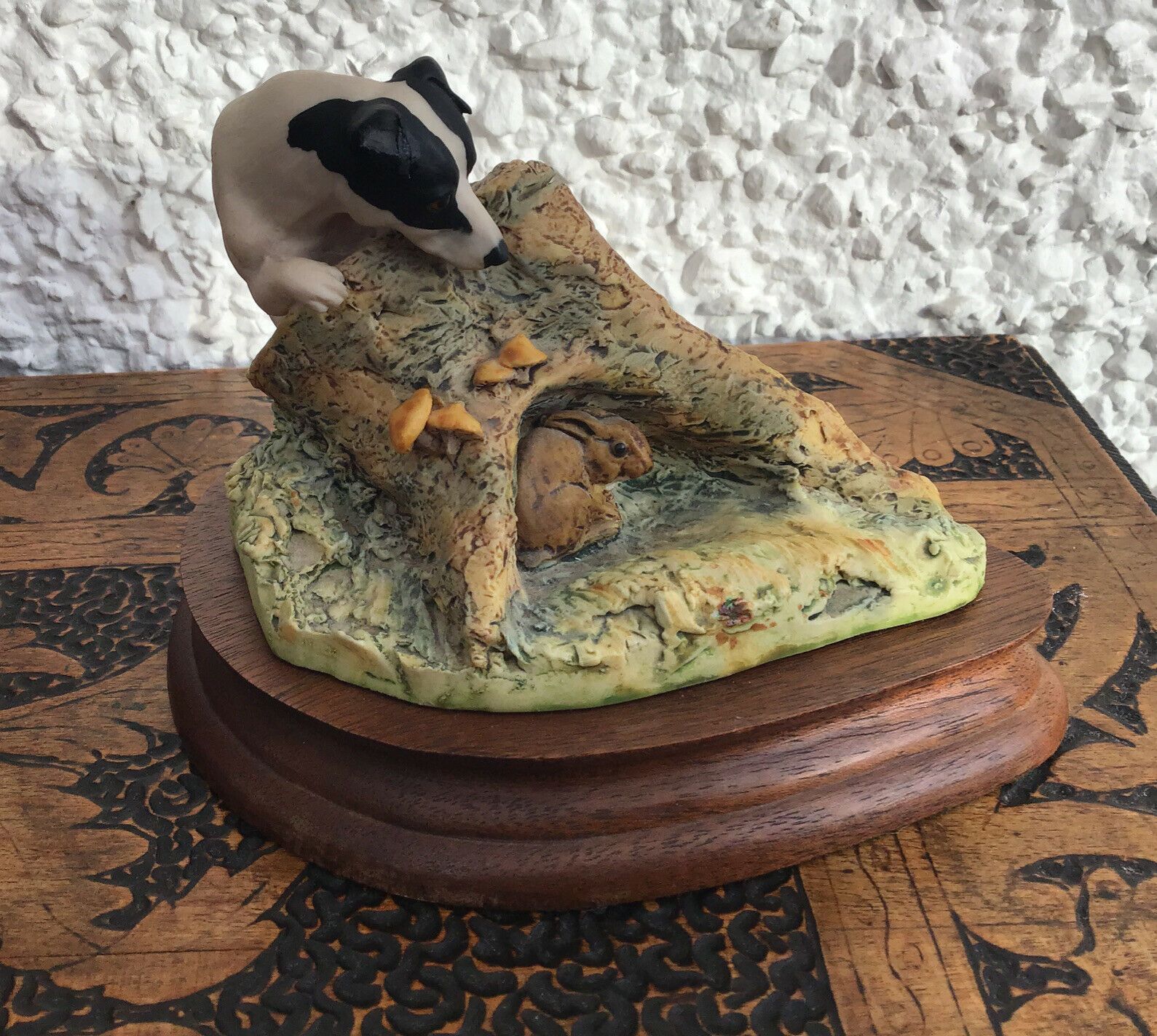 Border Fine Arts. Anne Wall 1979 Jack Russell Chasing A Hare Over A Stump