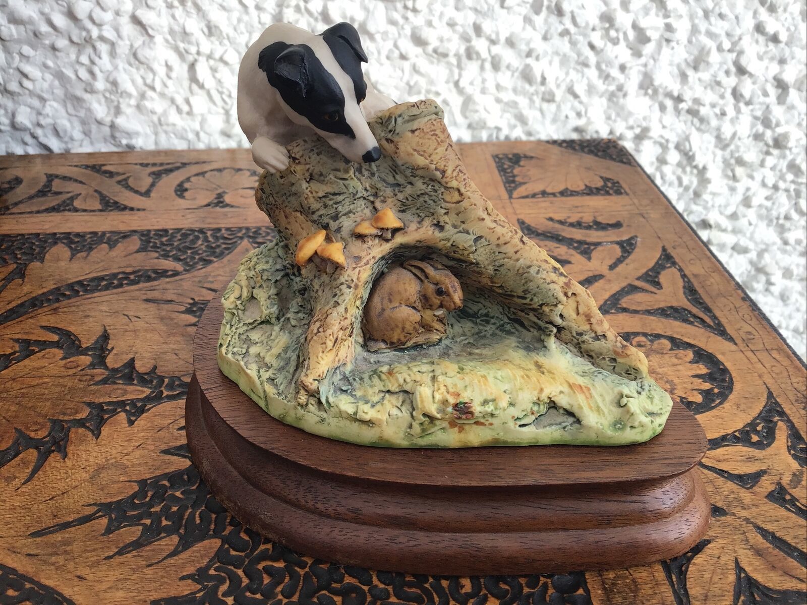 photo furniture Border Fine Arts. Anne Wall 1979 Jack Russell Chasing A Hare Over A Stump