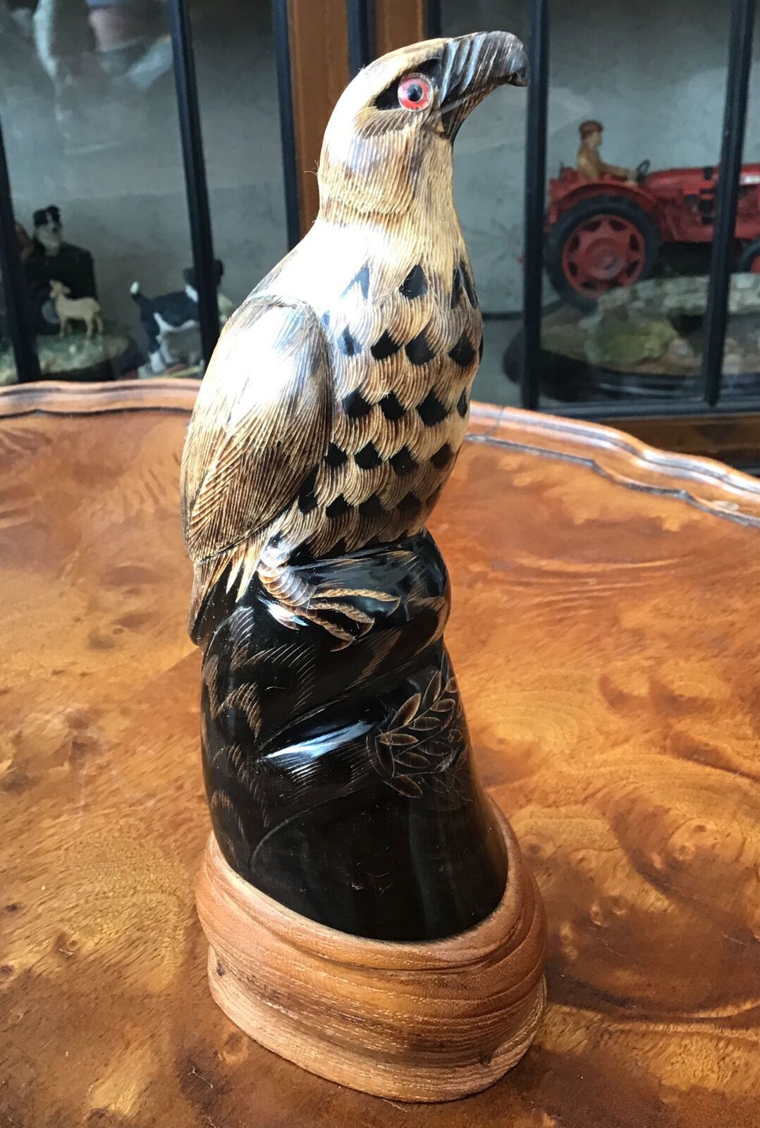 Intricately Carved Bovine Horn In The Form Of Eagle Glass Eyes Wooden Plinth
