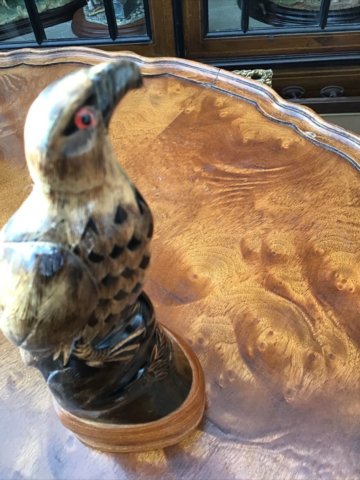 Intricately Carved Bovine Horn In The Form Of Eagle Glass Eyes Wooden Plinth photo vintage
