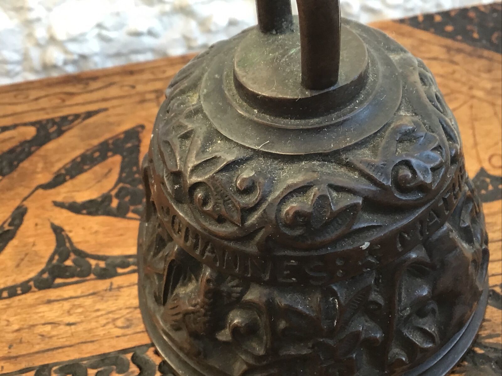 photo furniture Antique European Bronzed? Copper Apostle Bell. Natural Scenes.