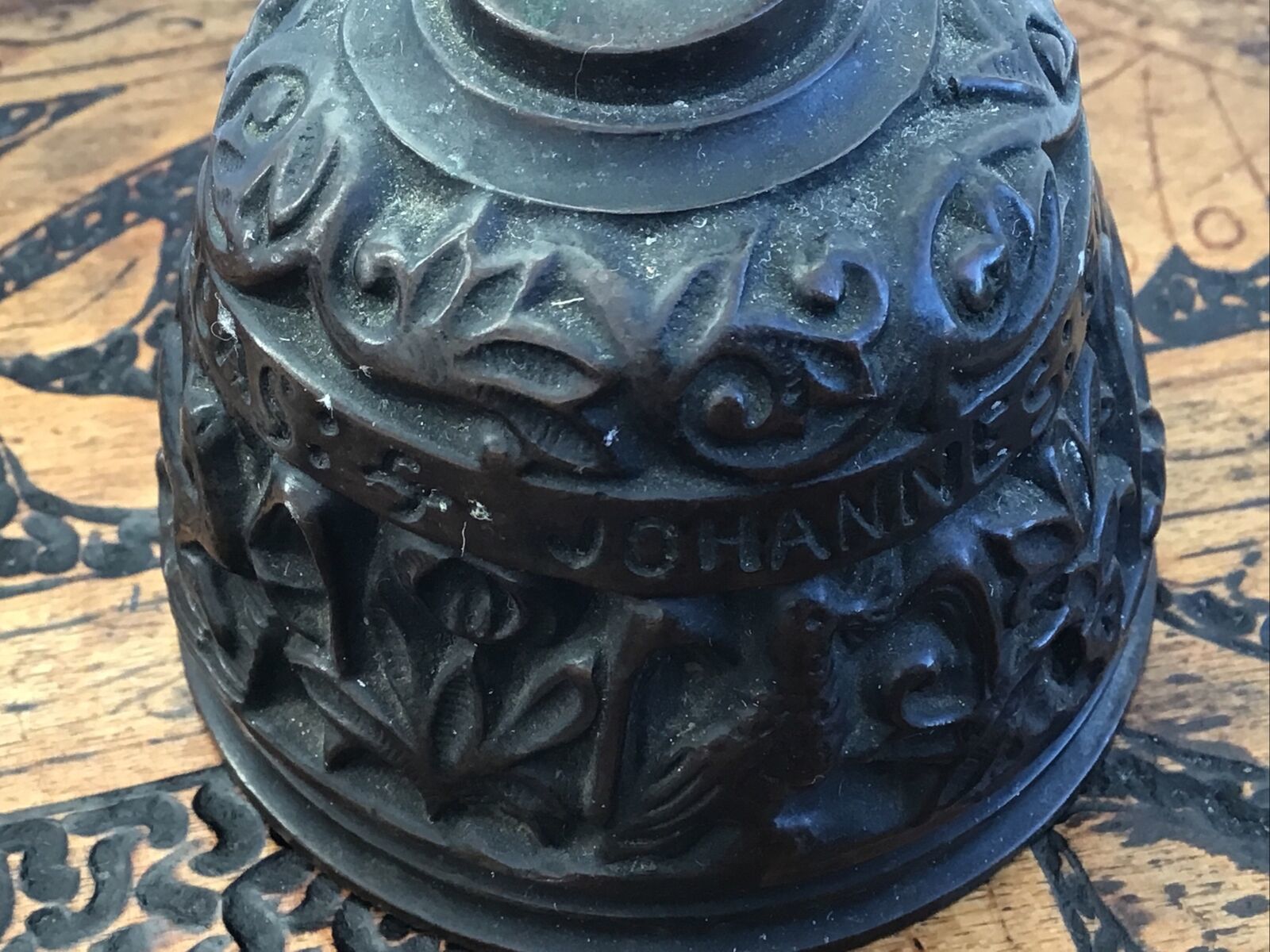 photo for sale Antique European Bronzed? Copper Apostle Bell. Natural Scenes.