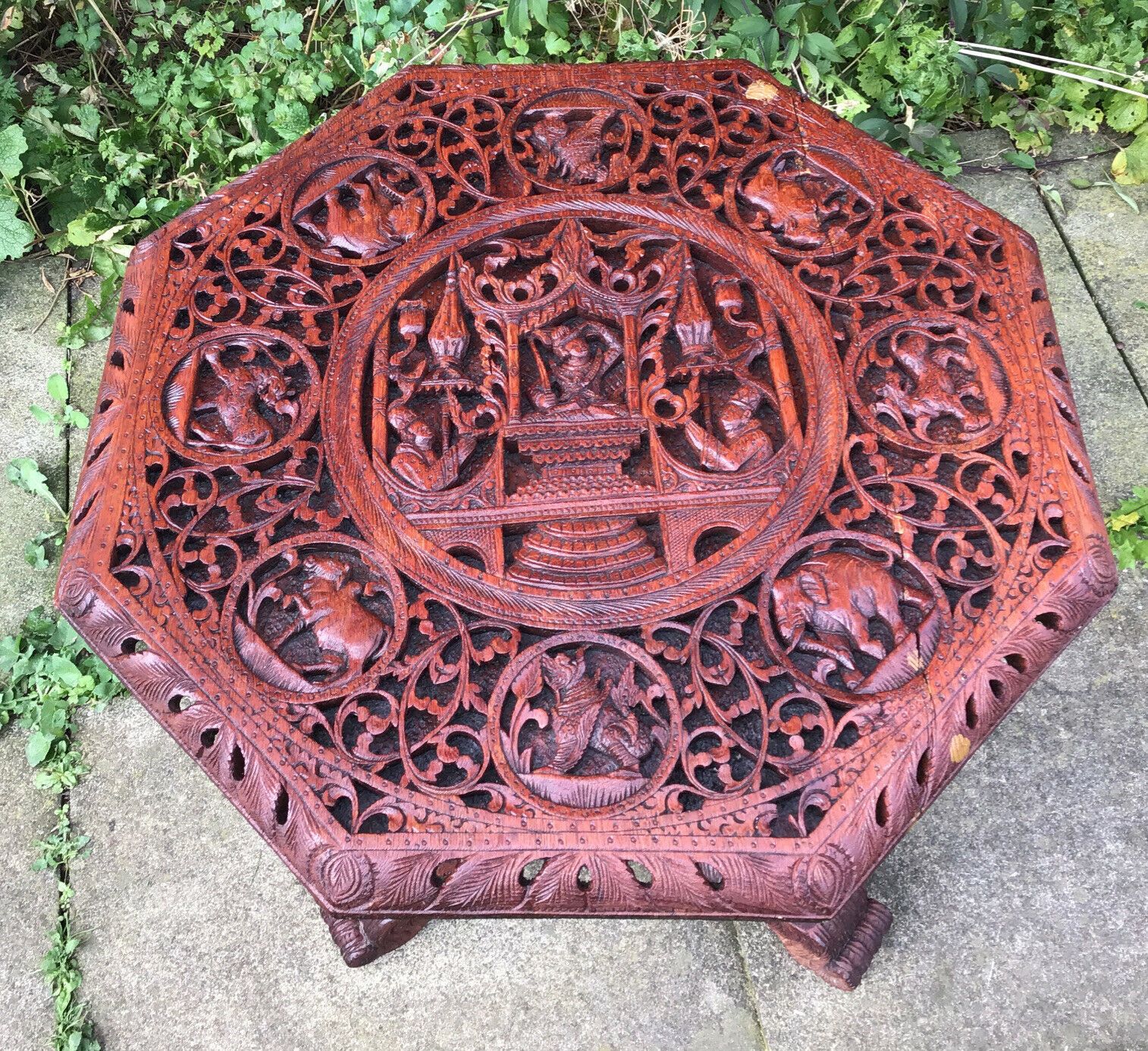 19th C. Large Intricatley Carved Burmese Teak Table On Trefoil Base