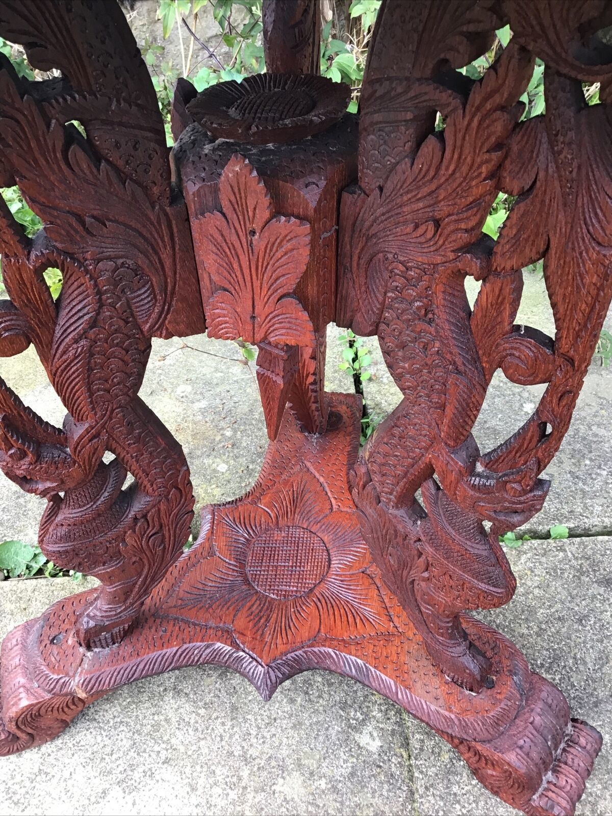 photo furniture 19th C. Large Intricatley Carved Burmese Teak Table On Trefoil Base