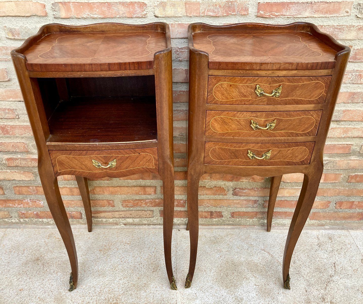 Vintage French Nightstands In Marquetry And Bronze Hardware, 1920, Set Of 2 photo for sale