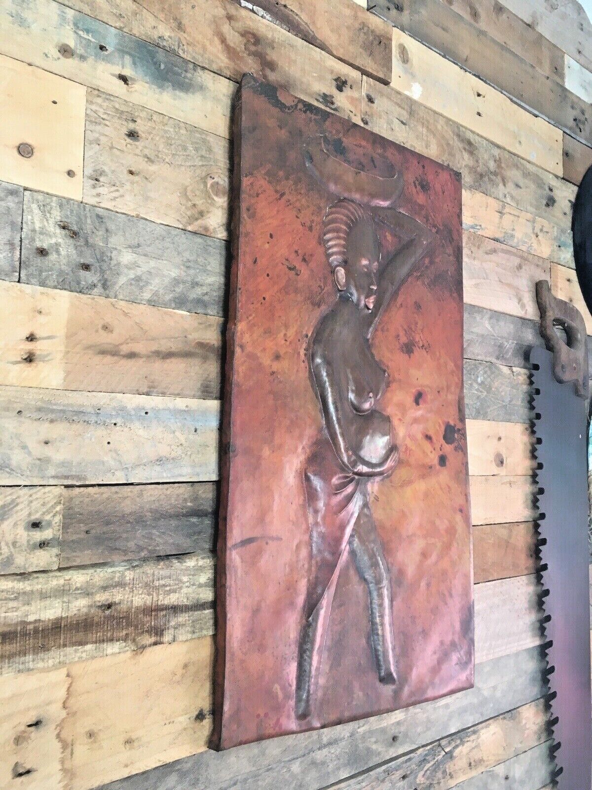 Large African Copper Sheet Panel Plaque Nude Pregnant Lady Kasongo Kamba Style photo furniture