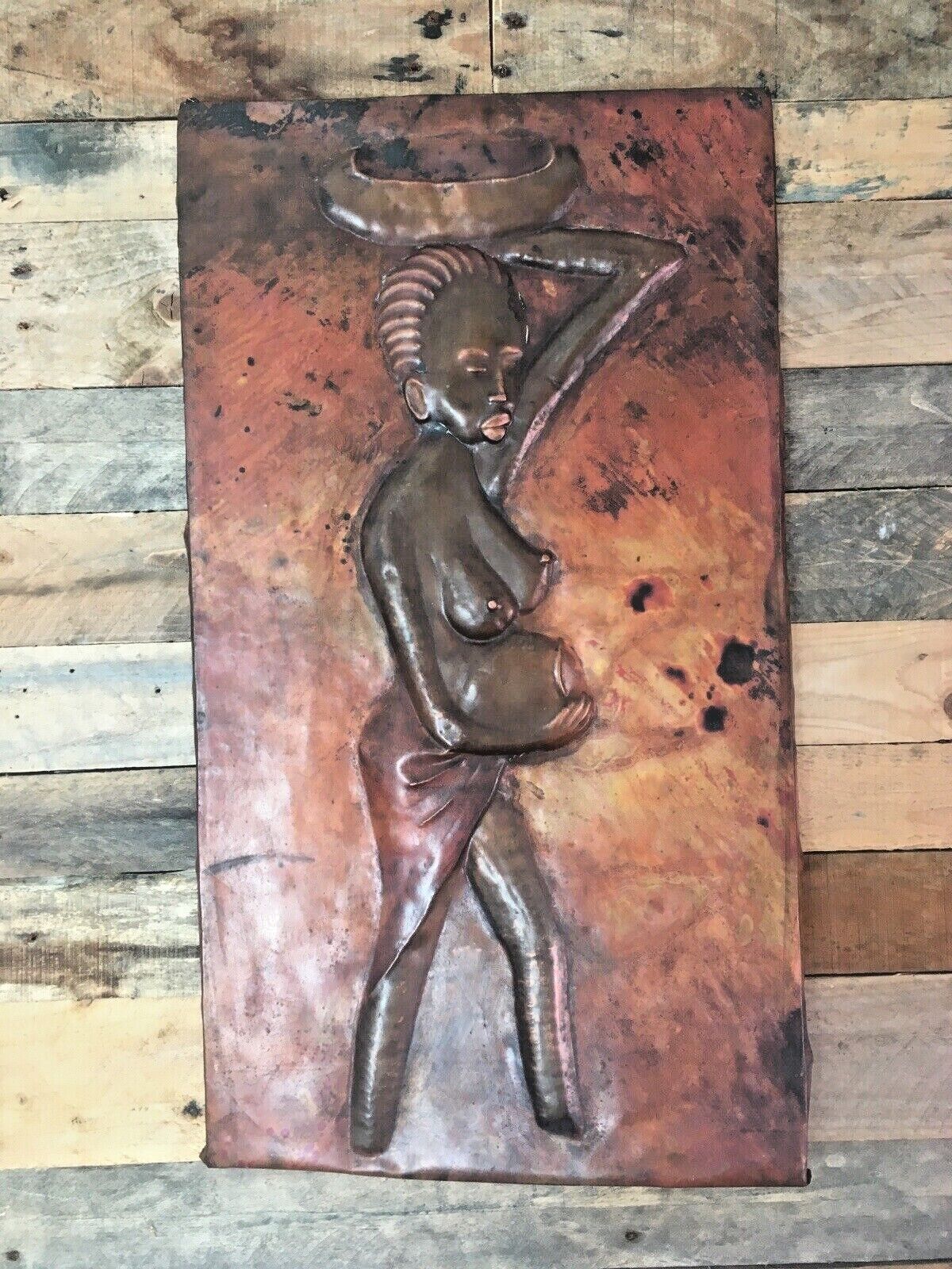 Large African Copper Sheet Panel Plaque Nude Pregnant Lady Kasongo Kamba Style photo for sale