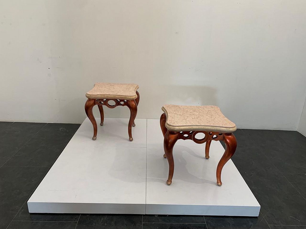 Pair Of Red Metal Leaf Coffee Tables With Pink Marble Tops, 1990s photo for sale