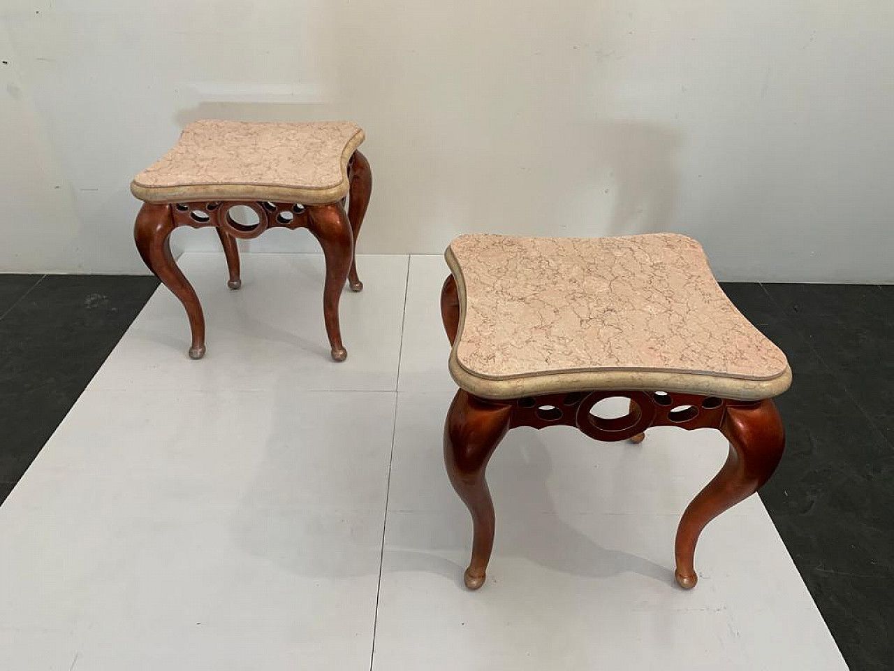 Pair Of Red Metal Leaf Coffee Tables With Pink Marble Tops, 1990s photo Furniture