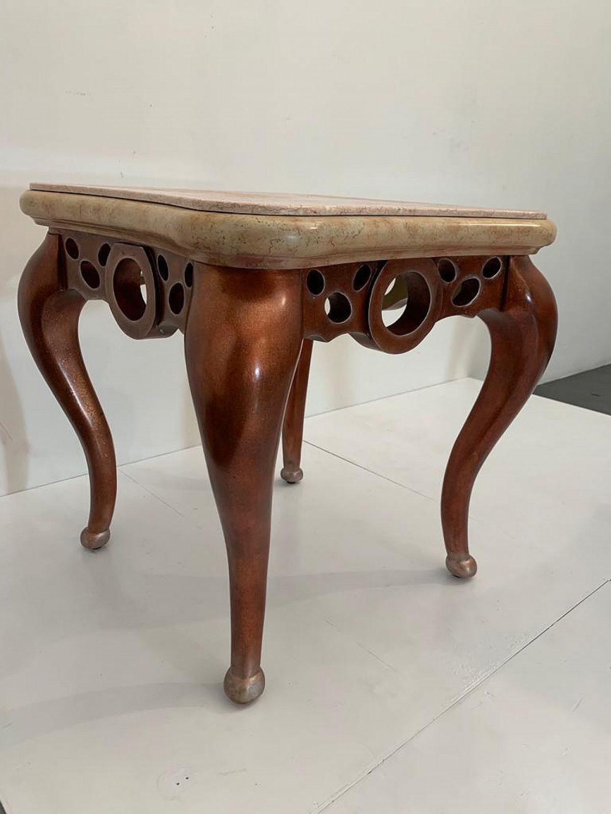 photo for sale Pair Of Red Metal Leaf Coffee Tables With Pink Marble Tops, 1990s