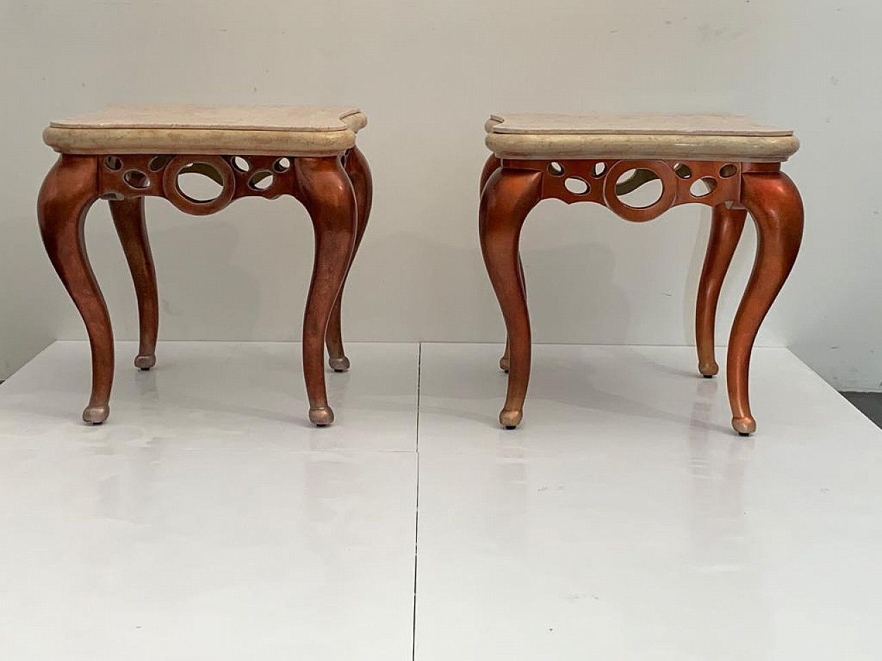 1210.56 Pair Of Red Metal Leaf Coffee Tables With Pink Marble Tops, 1990s photo