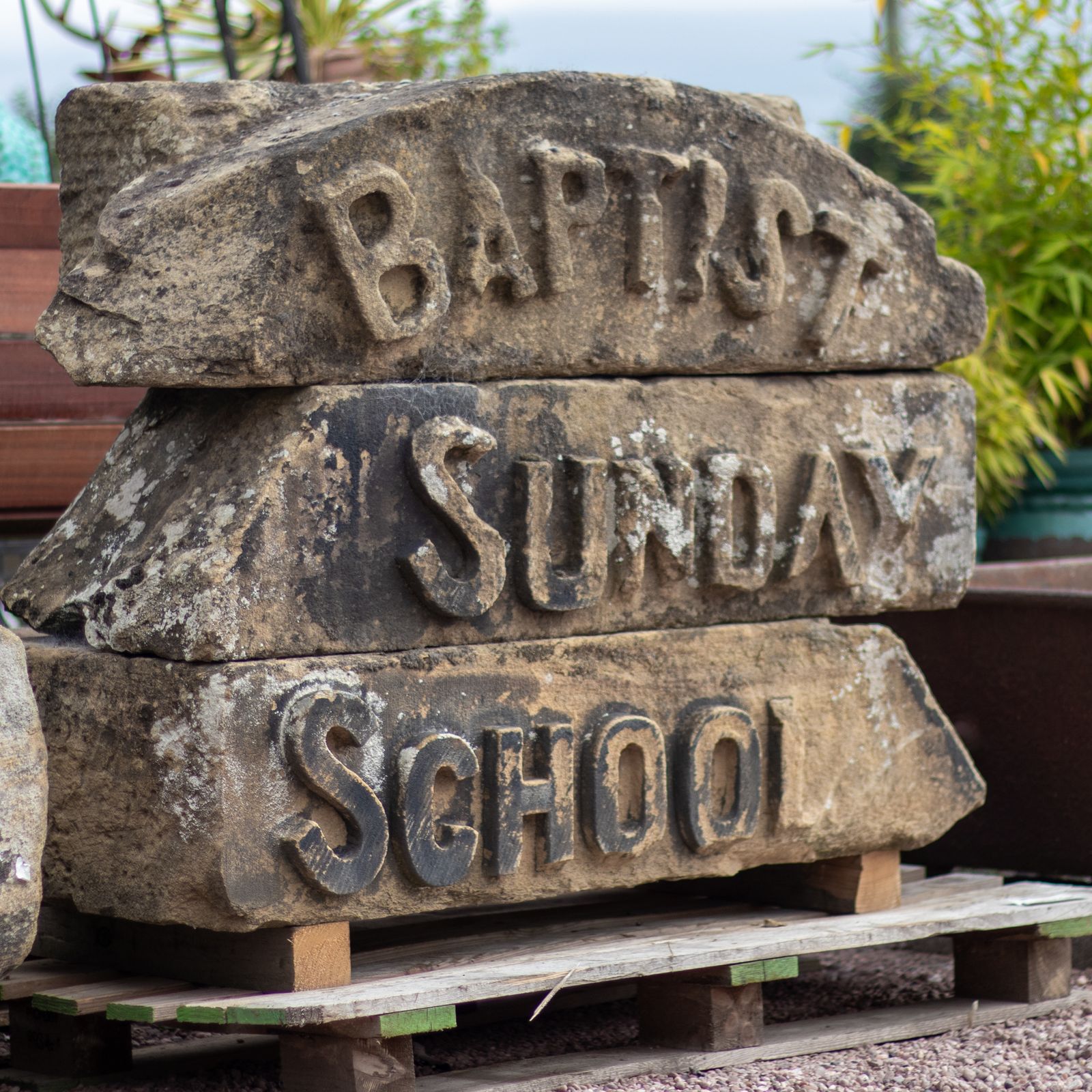 Reclaimed Carved Buff Sandstone Baptist Sunday School Sign Frieze Architectural Salvage