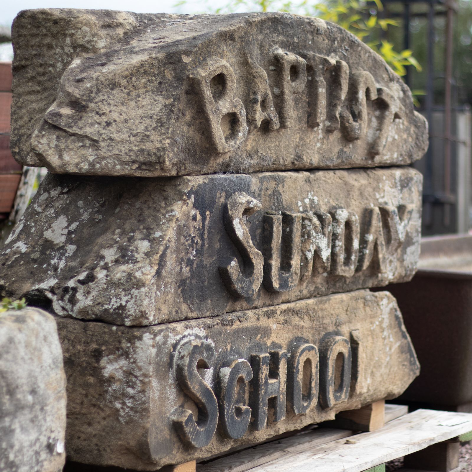 Reclaimed Carved Buff Sandstone Baptist Sunday School Sign Frieze Architectural Salvage photo for sale