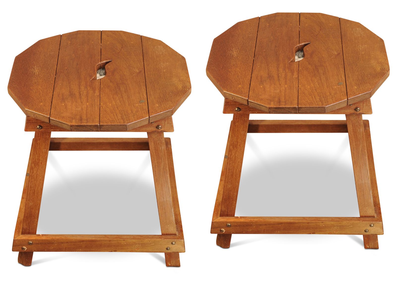 Stunning Pair Of Liberty Of London Matching Arts And Crafts Primitive Oak Stools With Carry Handle To Seat. Early 1900's Ol
