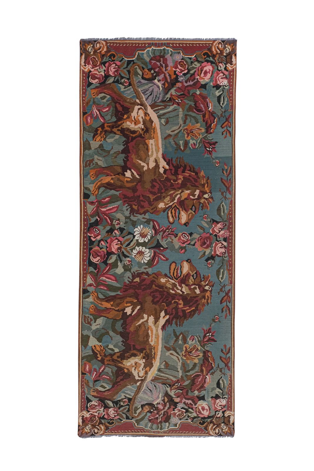 1970s Vintage Double Lion Motif Kilim Rug 6'9'' X 16'11'' photo 5178.0