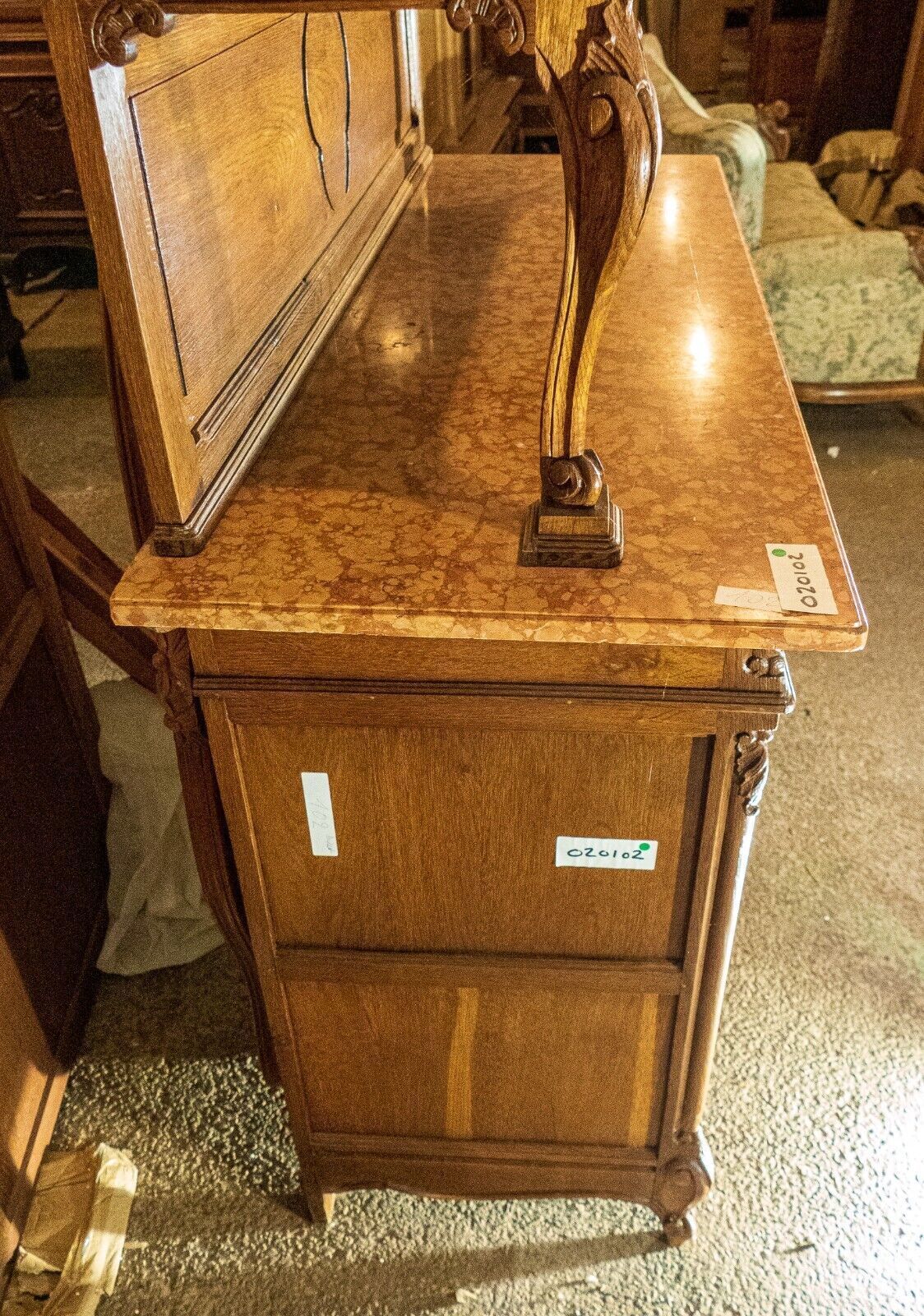 photo for sale 19th Century Impressive French Oak Pink Marble Topped Buffet Sideboard! (020102)