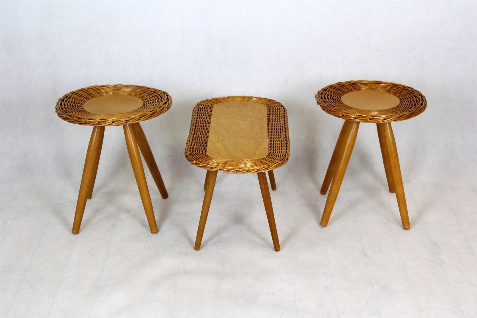 Mid Century Rattan Stools By Jan Kalous For úluv, Czechoslovakia, 1960s, Set Of 3 photo for sale