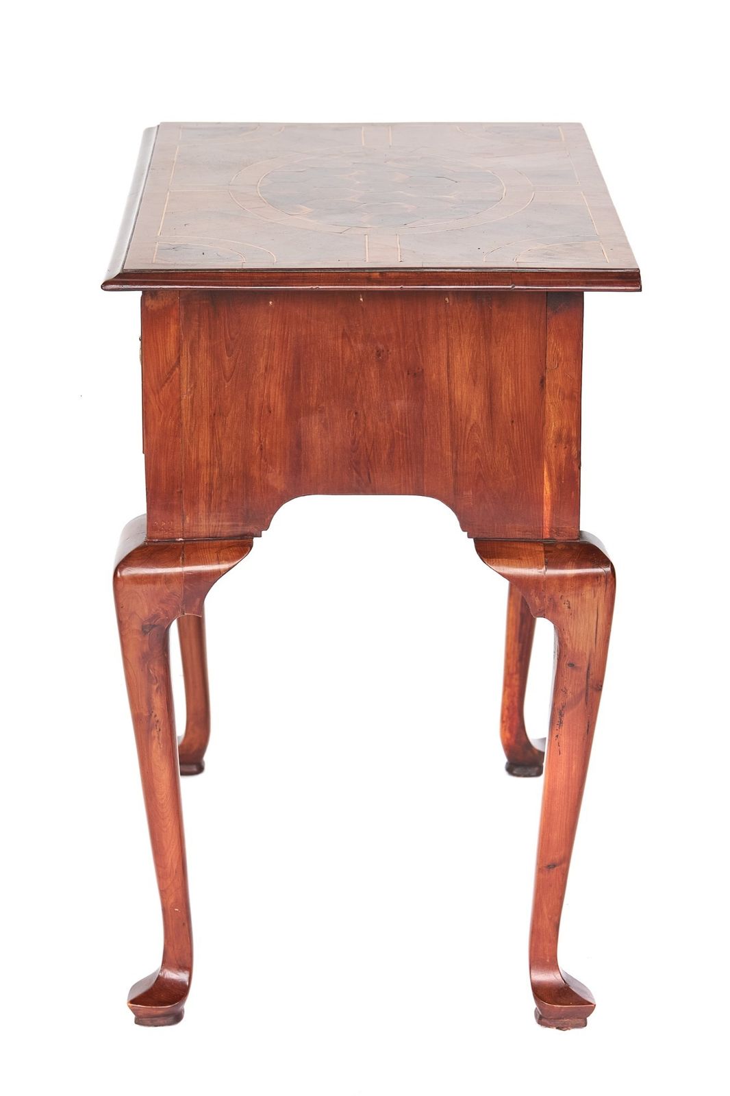 photo furniture Queen Anne Revival Yewood, Oyster Veneer, Lowboy, Circa 1930s