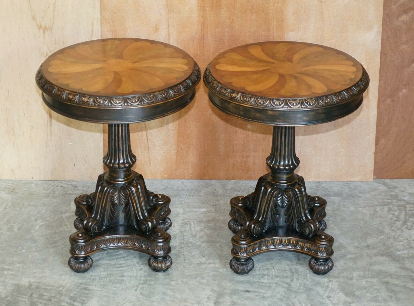 Pair Of Antique Style Speciamine Wood Topped Occasional Side Lamp Wine Tables photo furniture