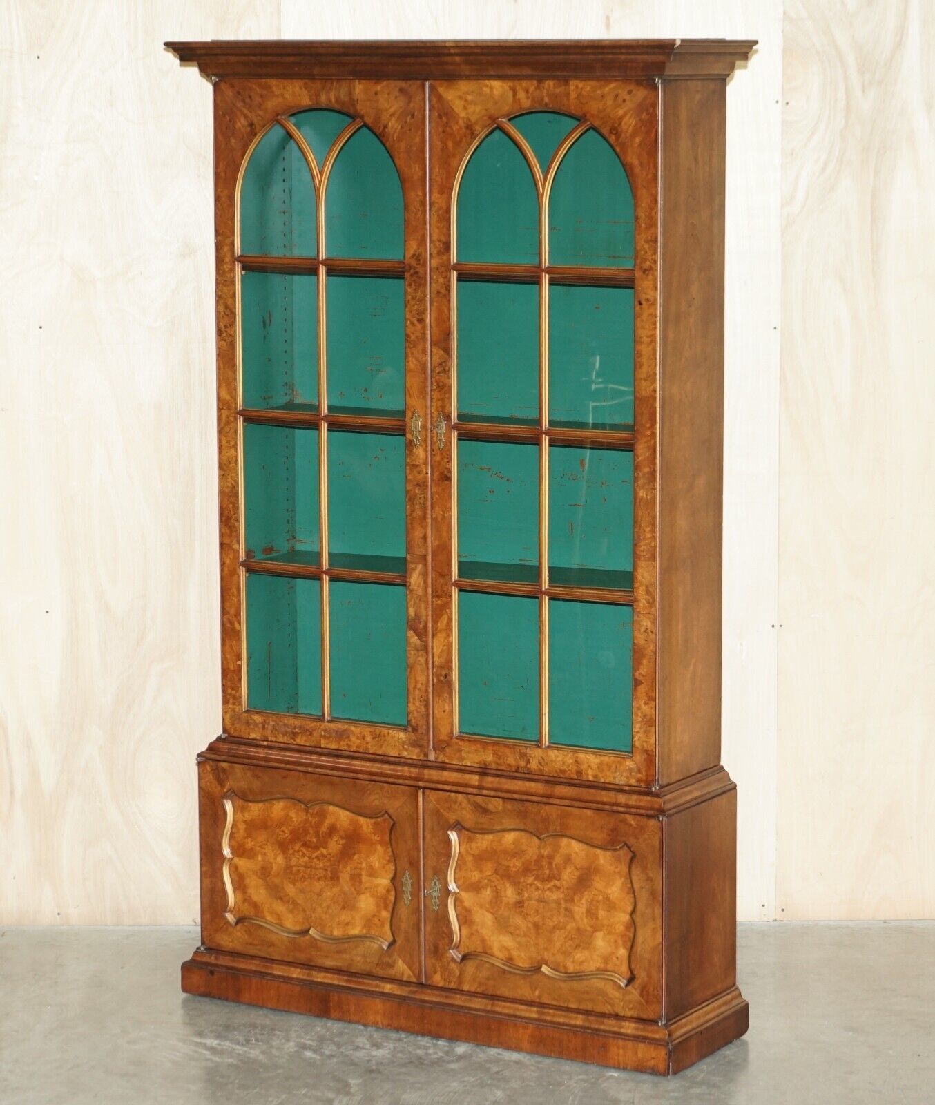 Sublime Antique Victorian Burr Walnut Library Bookcase With Gothic Glazed Doors
