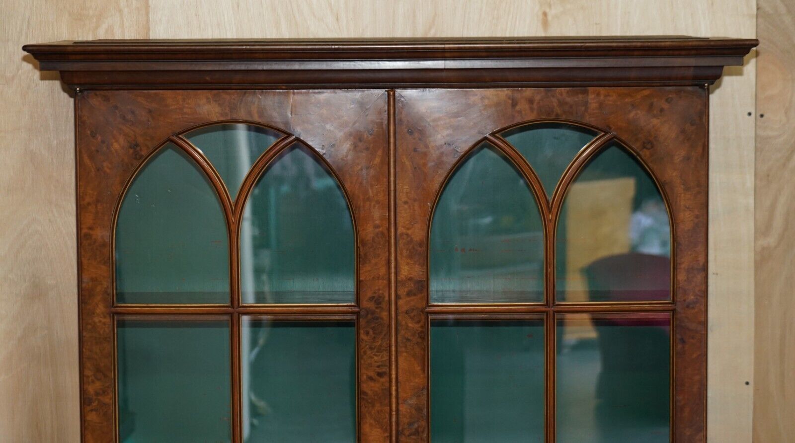 Sublime Antique Victorian Burr Walnut Library Bookcase With Gothic Glazed Doors photo for sale