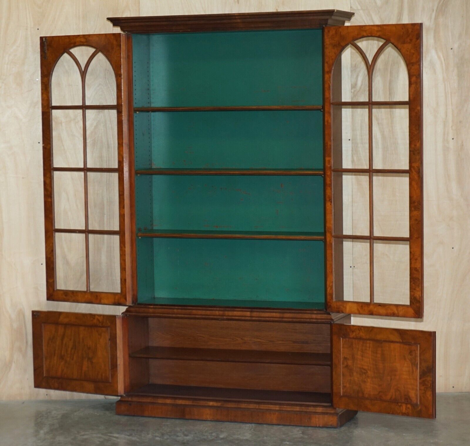 photo for sale Sublime Antique Victorian Burr Walnut Library Bookcase With Gothic Glazed Doors