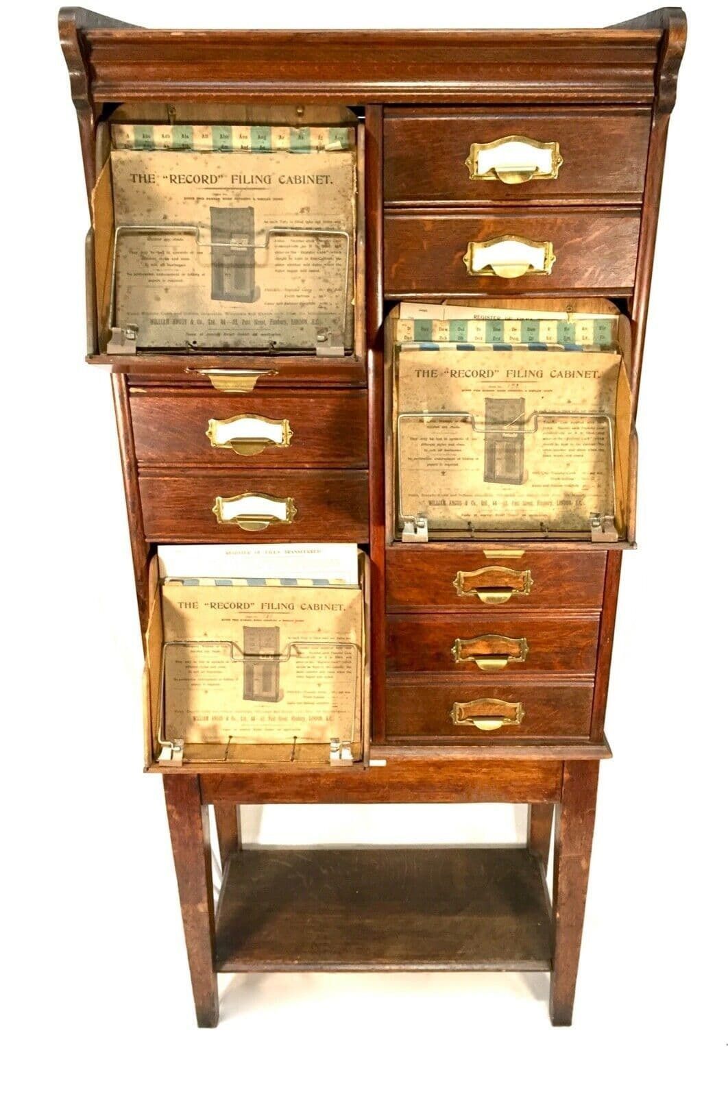Antique Edwardian Oak Filing Cabinet Cupboard By William Angus & Co, London 1910 photo vinterior