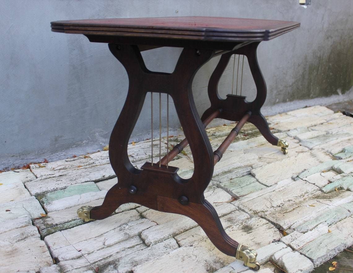 Rare Coffee Table Lyre Harp Base Sheraton Style Table On Caster Wheels And Leather Top photo for sale