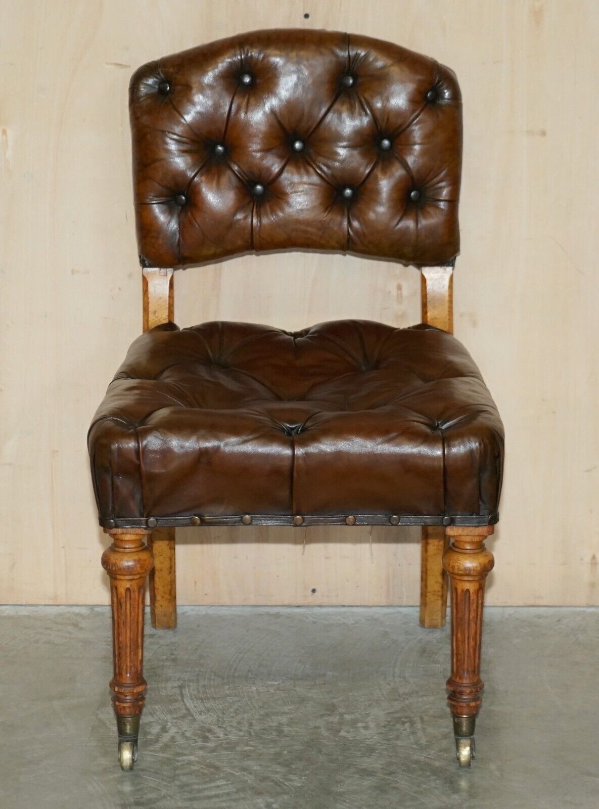Six Antique Regency 1820 Brown Leather Pollard Oak Chesterfield Dining Chairs photo Furniture