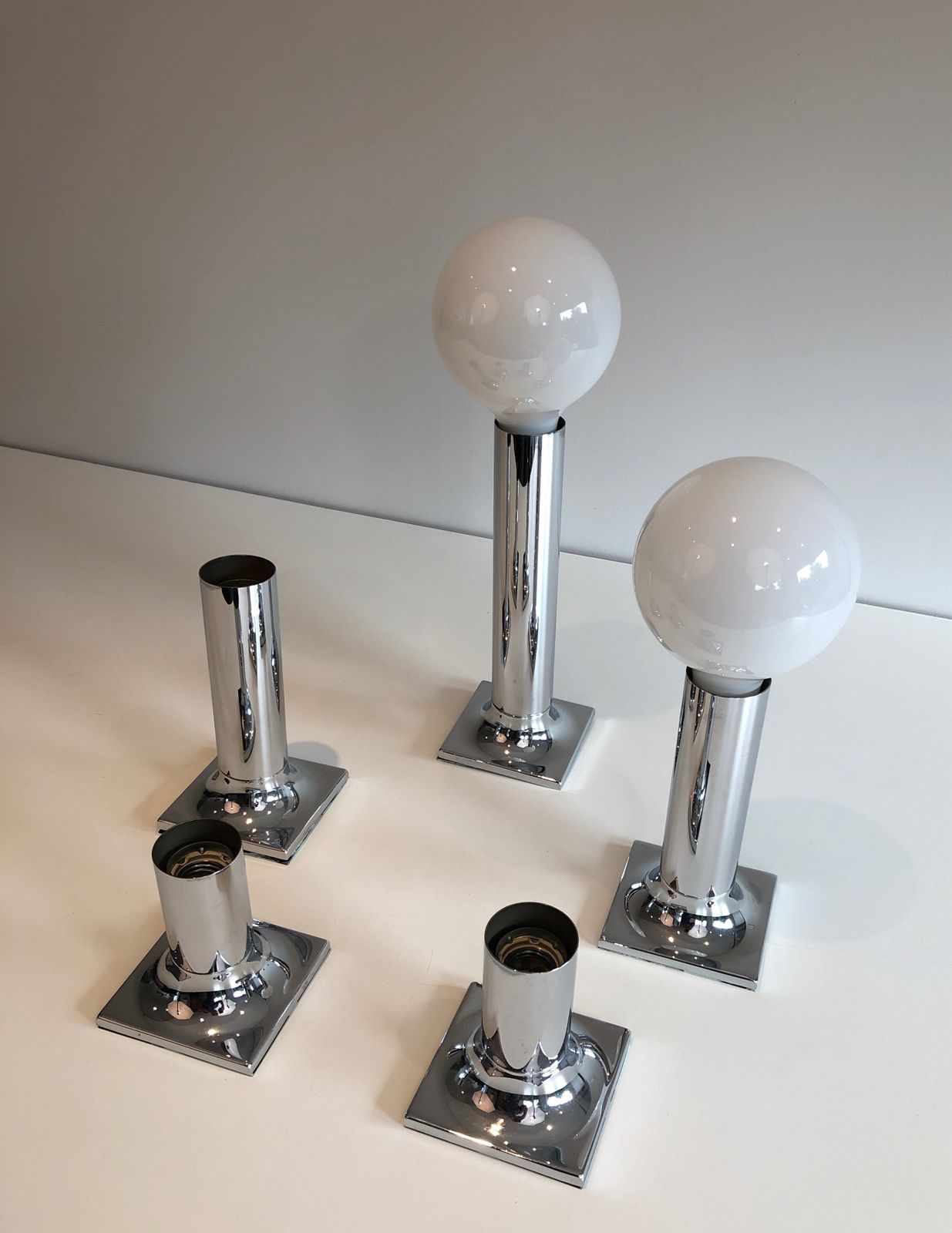 Set Of Chrome And White Opaline Glass Bowls Wall Lights Or Fixtures photo furniture