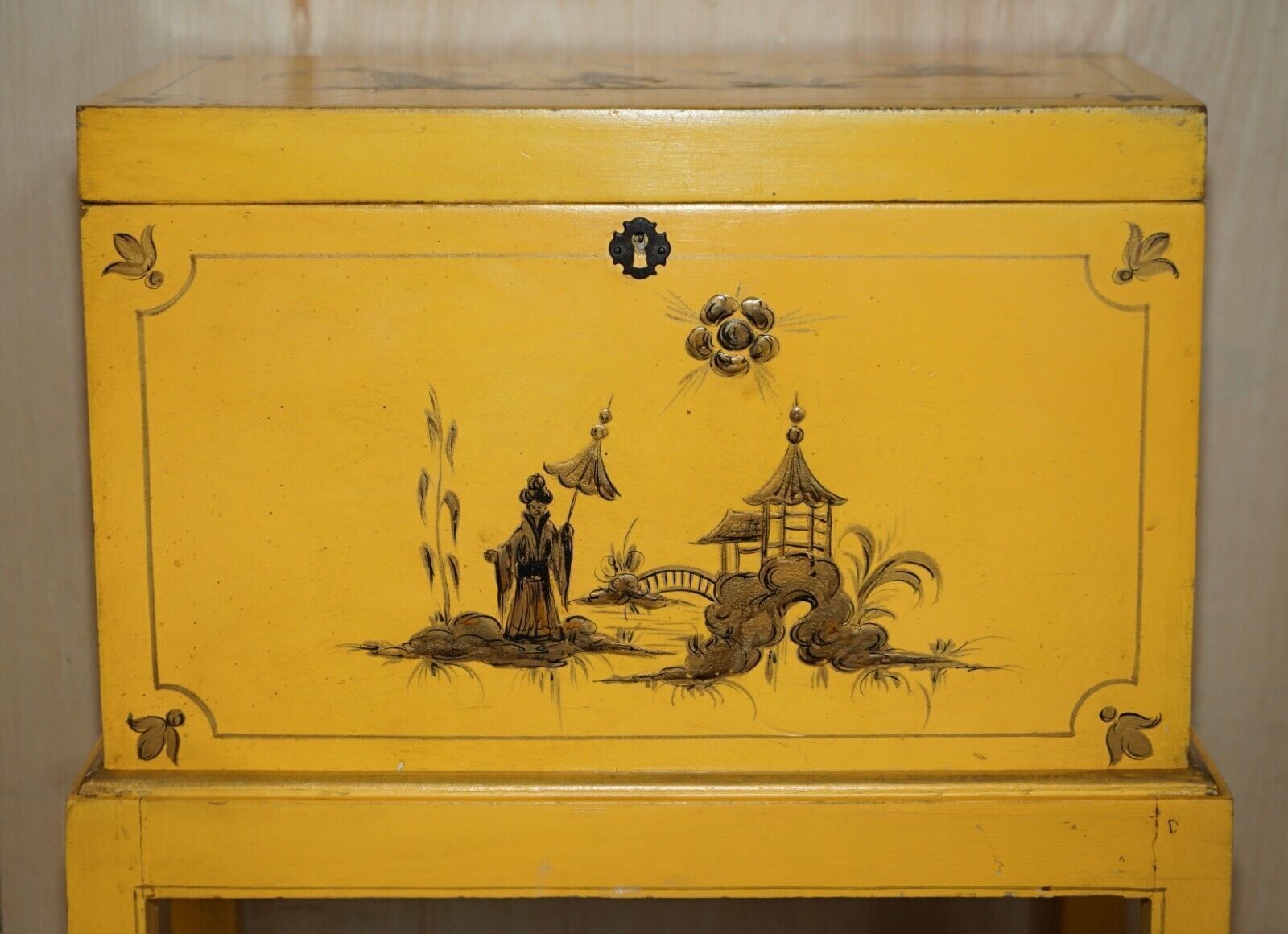Antique Japanned Yellow Oriental Side Chest On Stand Hand Painted & Lacquered photo for sale