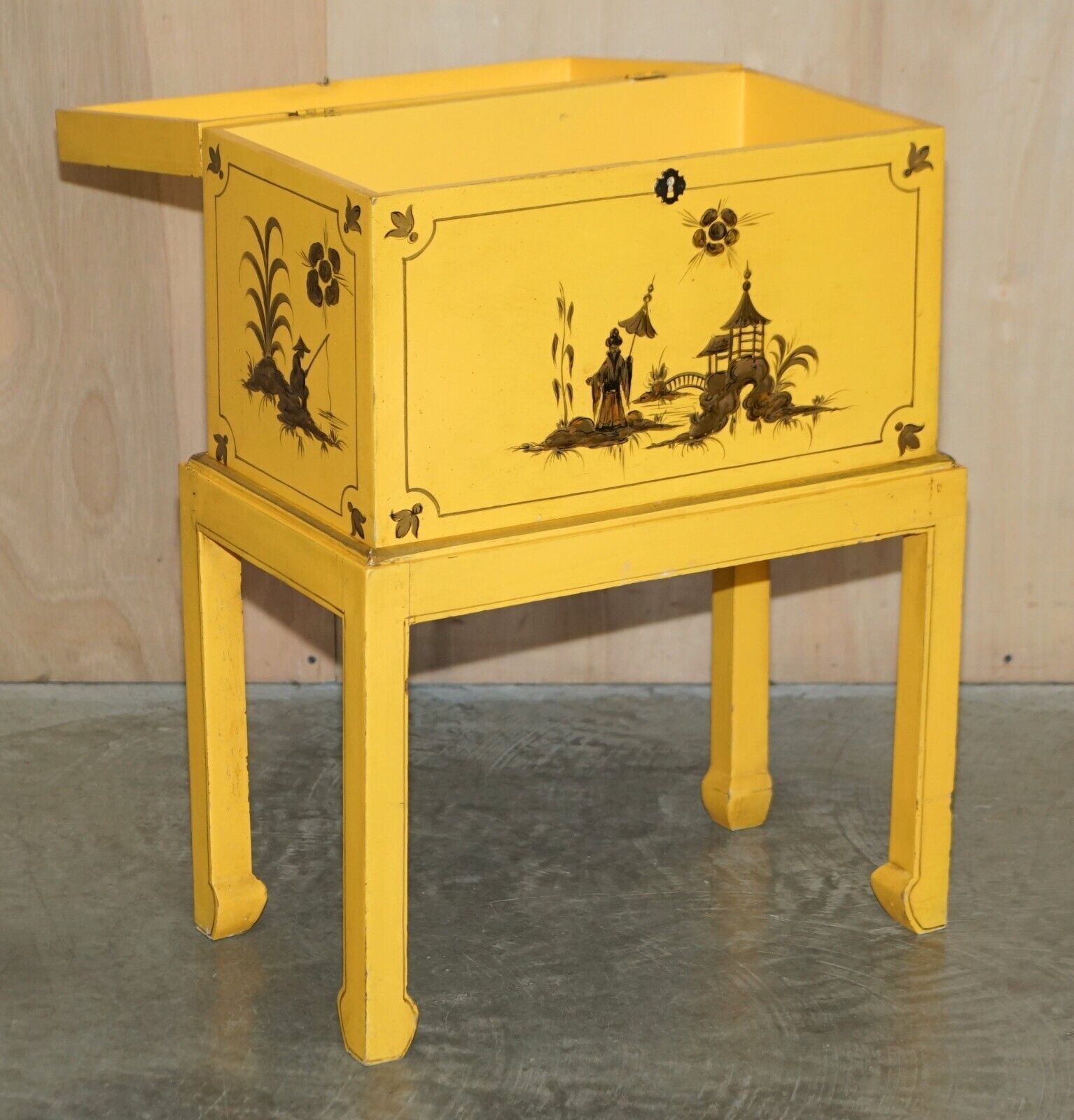 photo furniture Antique Japanned Yellow Oriental Side Chest On Stand Hand Painted & Lacquered