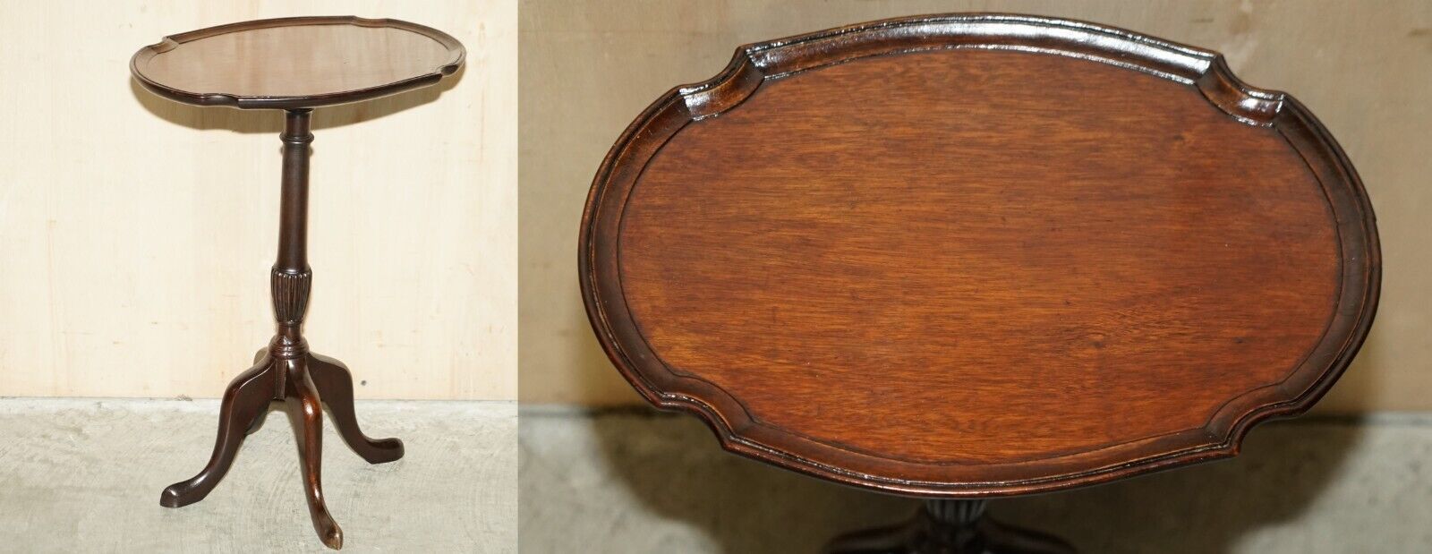 Vintage Oval Mahogany Carved Legs Pie Crust Edge Quad Lamp Side End Wine Table