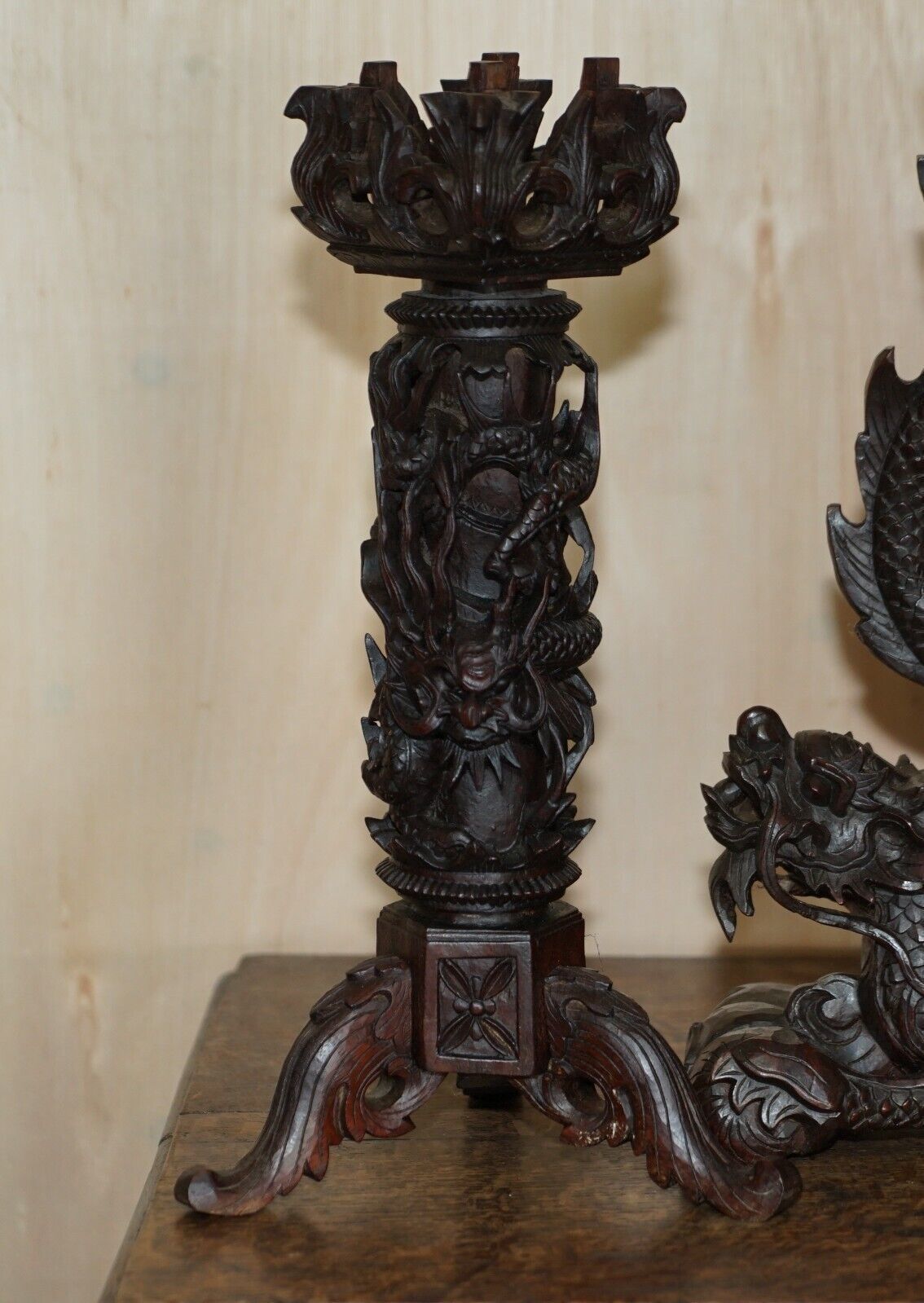 Stunning Chinese Export Hand Carved Wood Dragon Mantle Clock & Candlesticks photo for sale