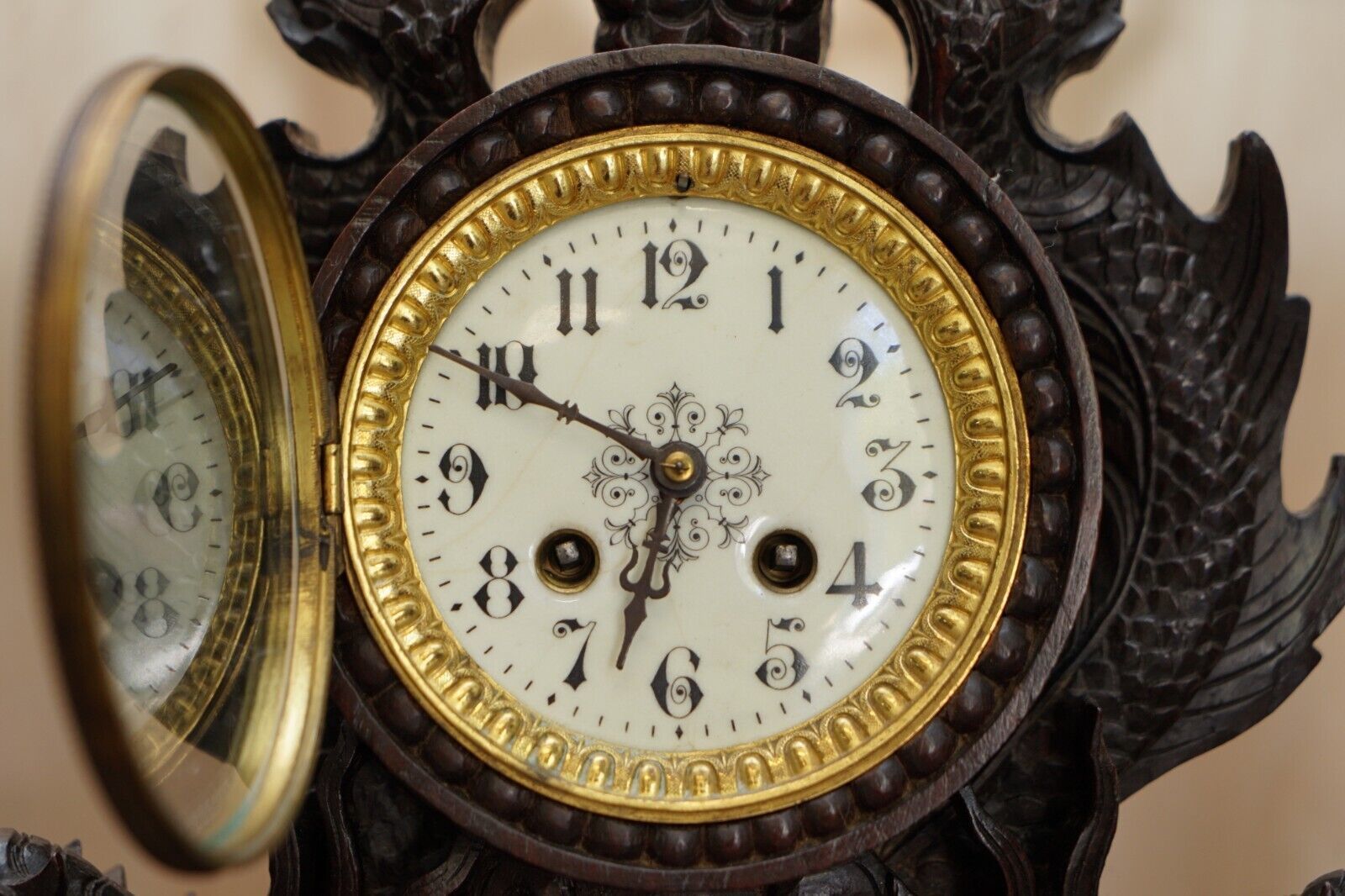 photo for sale Stunning Chinese Export Hand Carved Wood Dragon Mantle Clock & Candlesticks