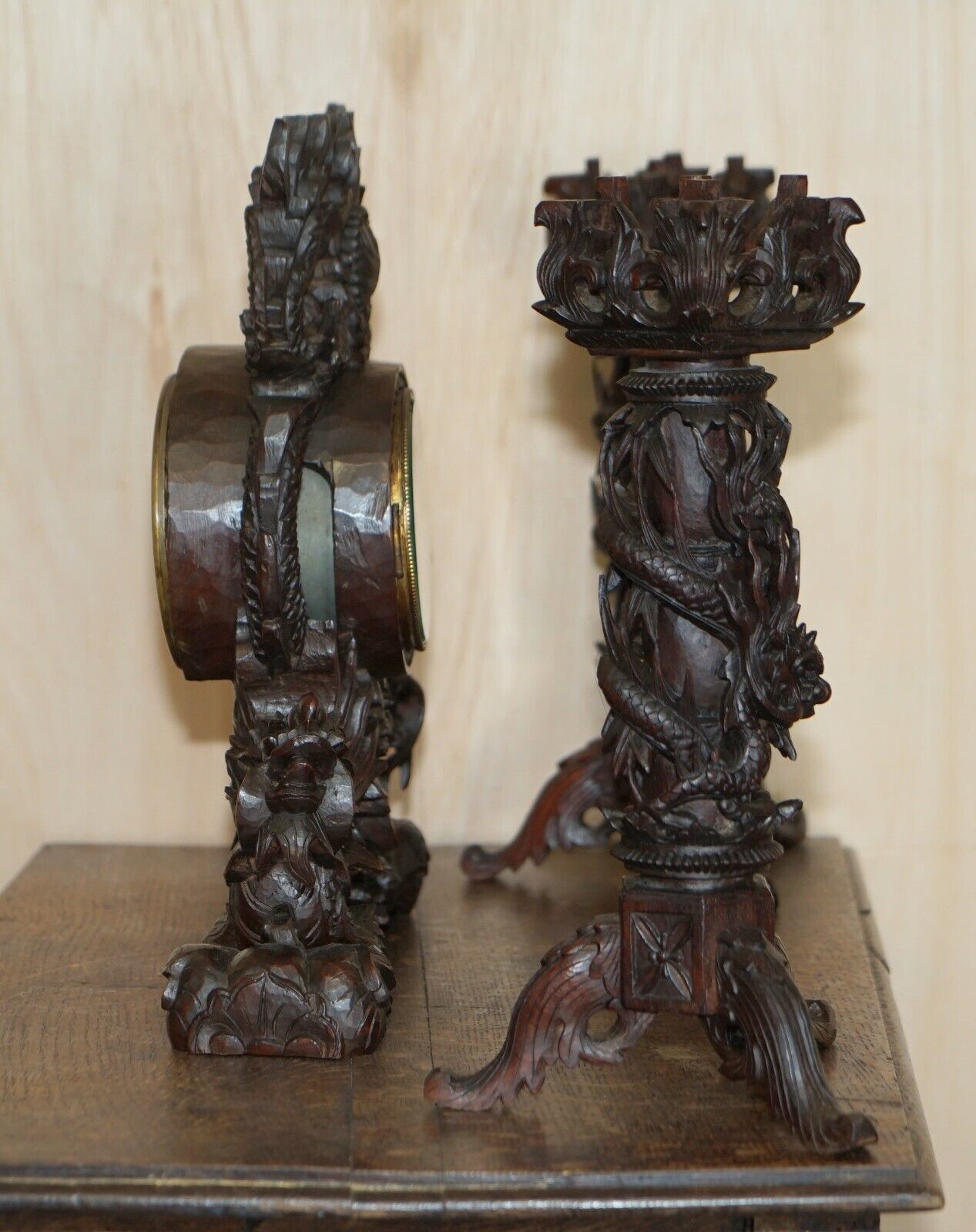 Home Decor Stunning Chinese Export Hand Carved Wood Dragon Mantle Clock & Candlesticks photo