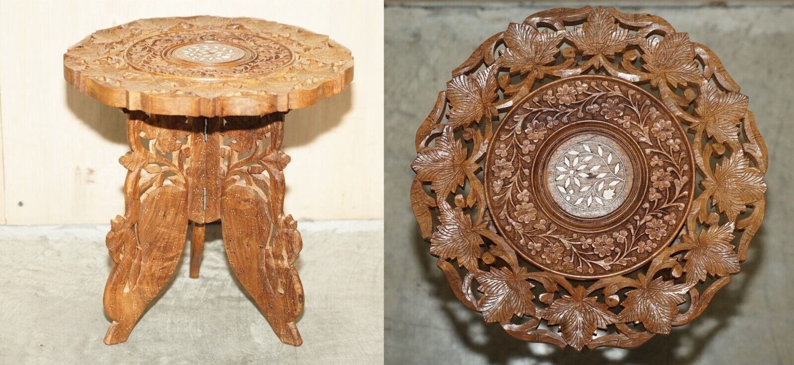 Fine Carved Burmese Antique Octagonal Side End Lamp Wine Folding Table Liberty