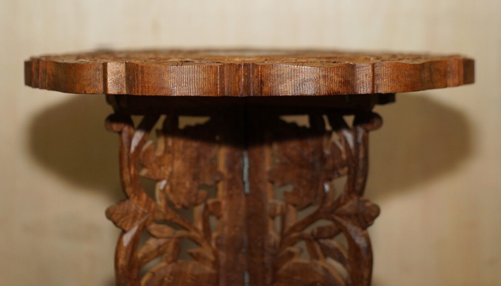 Fine Carved Burmese Antique Octagonal Side End Lamp Wine Folding Table Liberty photo for sale