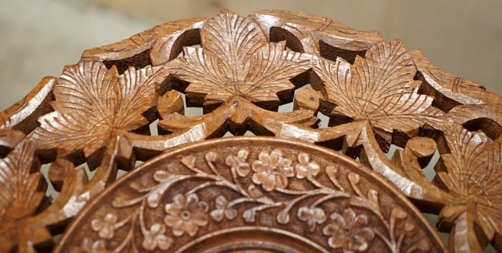 Fine Carved Burmese Antique Octagonal Side End Lamp Wine Folding Table Liberty photo vintage