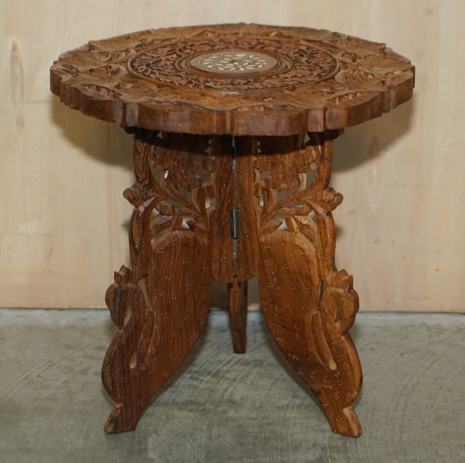 550.0 Fine Carved Burmese Antique Octagonal Side End Lamp Wine Folding Table Liberty photo