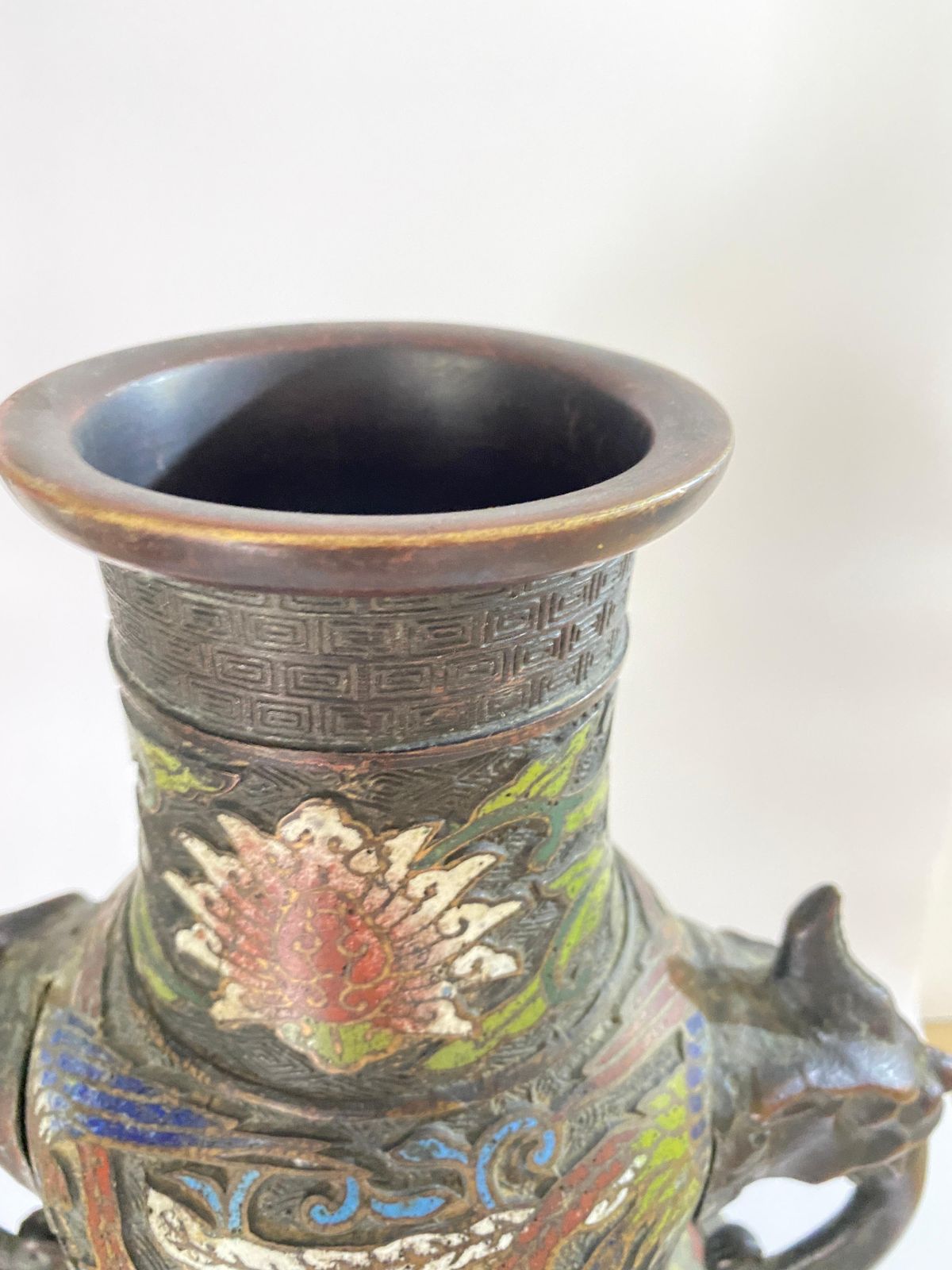 Large Antique Chinese Cloisonné Champlevé Bronze Vase, China, Circa 1890 photo vinterior