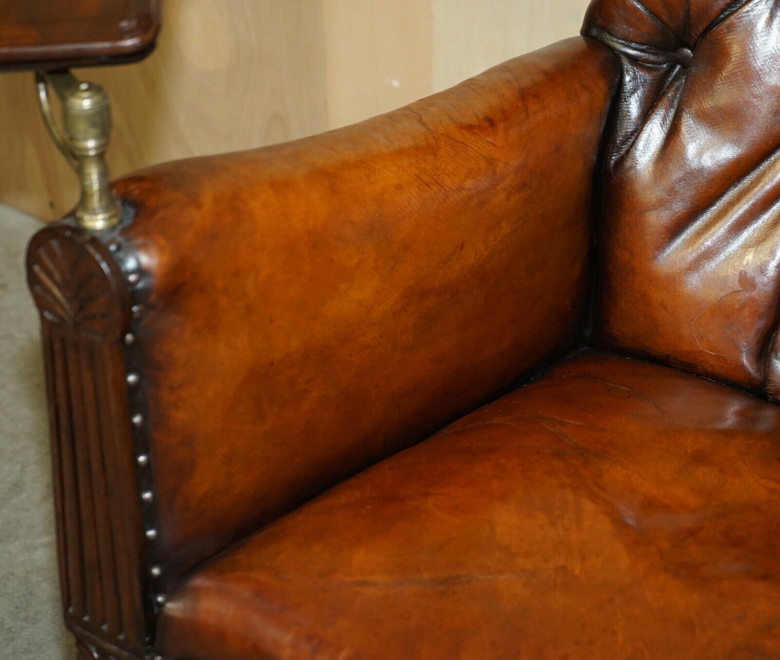 Ntique Regency 1810 Restored Brown Leather Chesterfield Armchair Reading Slope photo Furniture
