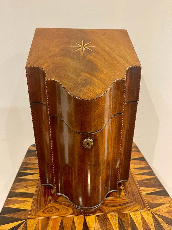 An Exceptional Quality Early Georgian Flame Mahogany Serpentine Tulip Wood Banded Cutlery Box Circa 1788