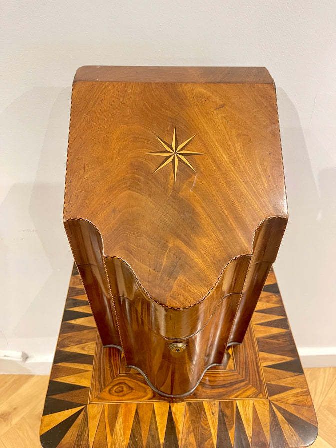 An Exceptional Quality Early Georgian Flame Mahogany Serpentine Tulip Wood Banded Cutlery Box Circa 1788 photo for sale